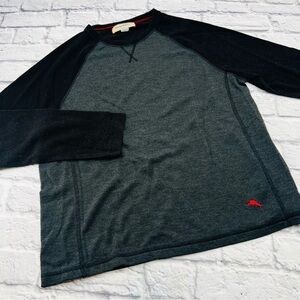 Tommy Bahama Mens Large Crew Neck Raglan Shirt Black Grey Long Sleeve